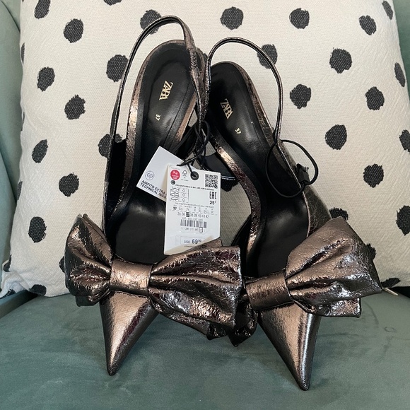 Zara metallic grey bow slingback heels in 6.5 - Picture 4 of 7
